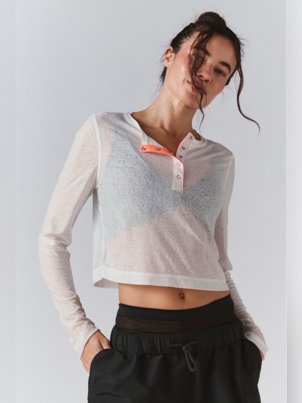 New FP Movement by Free People Sheer Pop Henley ~ White Combo